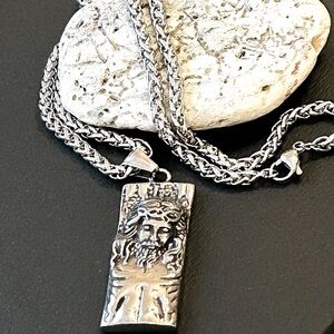 Jesus Rectangle Stainless Steel Pendant with Wheat Chain Necklace